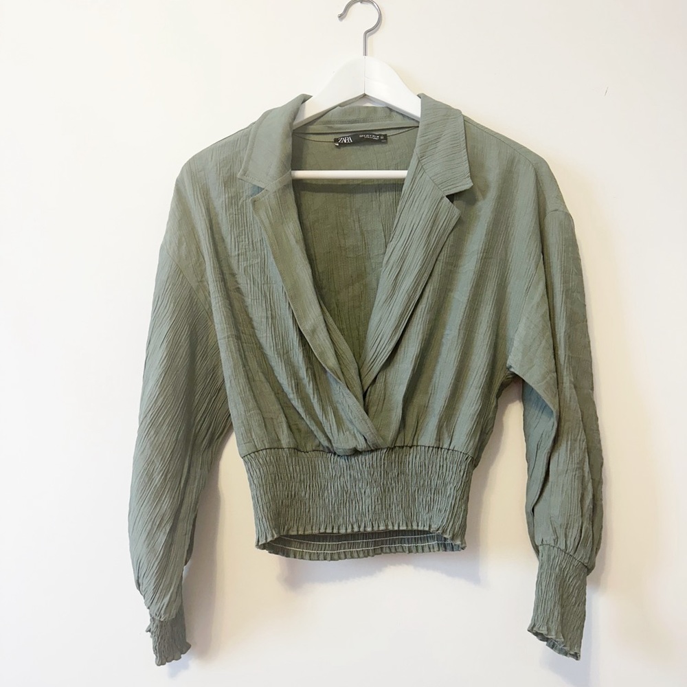 ⛱️ 2/20$ Zara elasticized cropped green blouse small - Picture 1 of 10